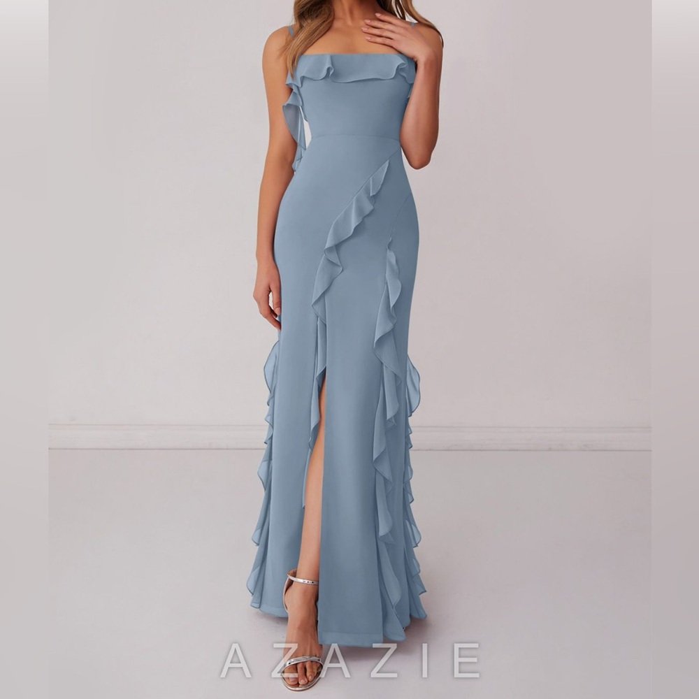 Barbie Azazie 1001 Dusty Blue Chiffon Ruffle Column Dress w/ Leg Slit Size A6